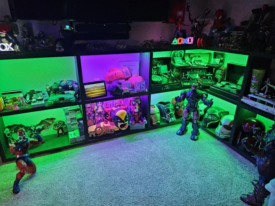Interior display shelving lit with programmable color-changing LED lighting